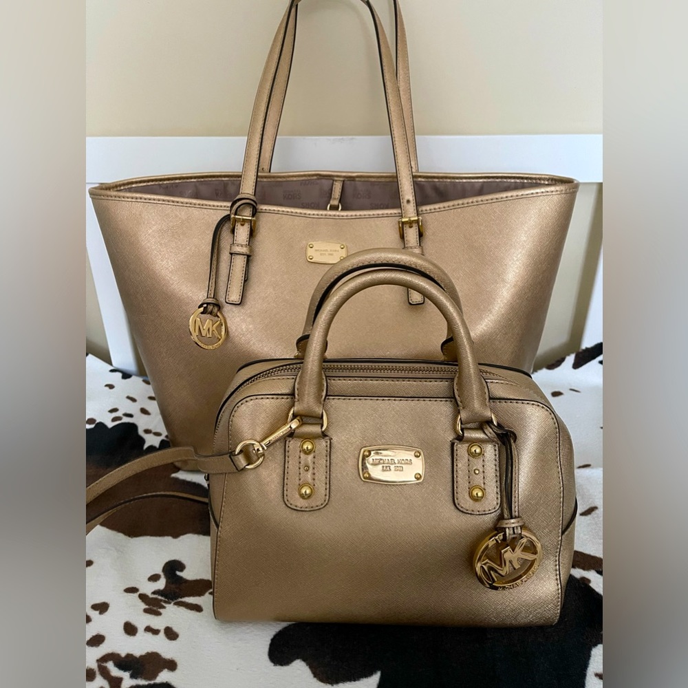 SOLD - Gold Authentic Michael Kors Big Tote & matching Handbag/Crossbody Pair